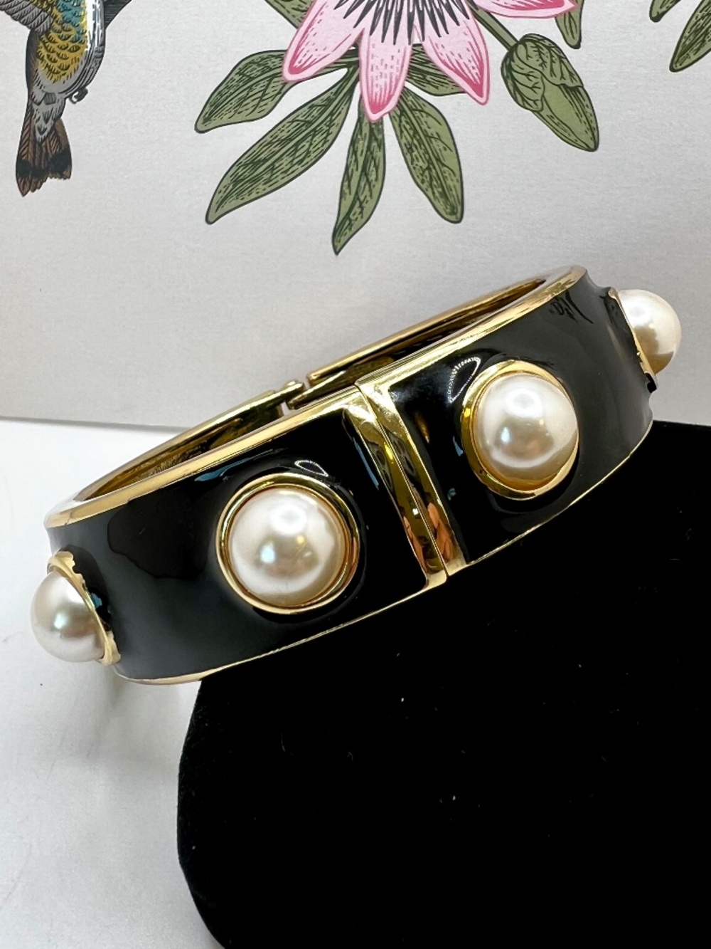 Pearl Cabochon Black Enamel Hinged Bracelet